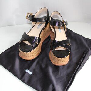 Prada Saffiano Leather Black Wedge Platform Sandals Size 6 US/36 ½ EU. RARE